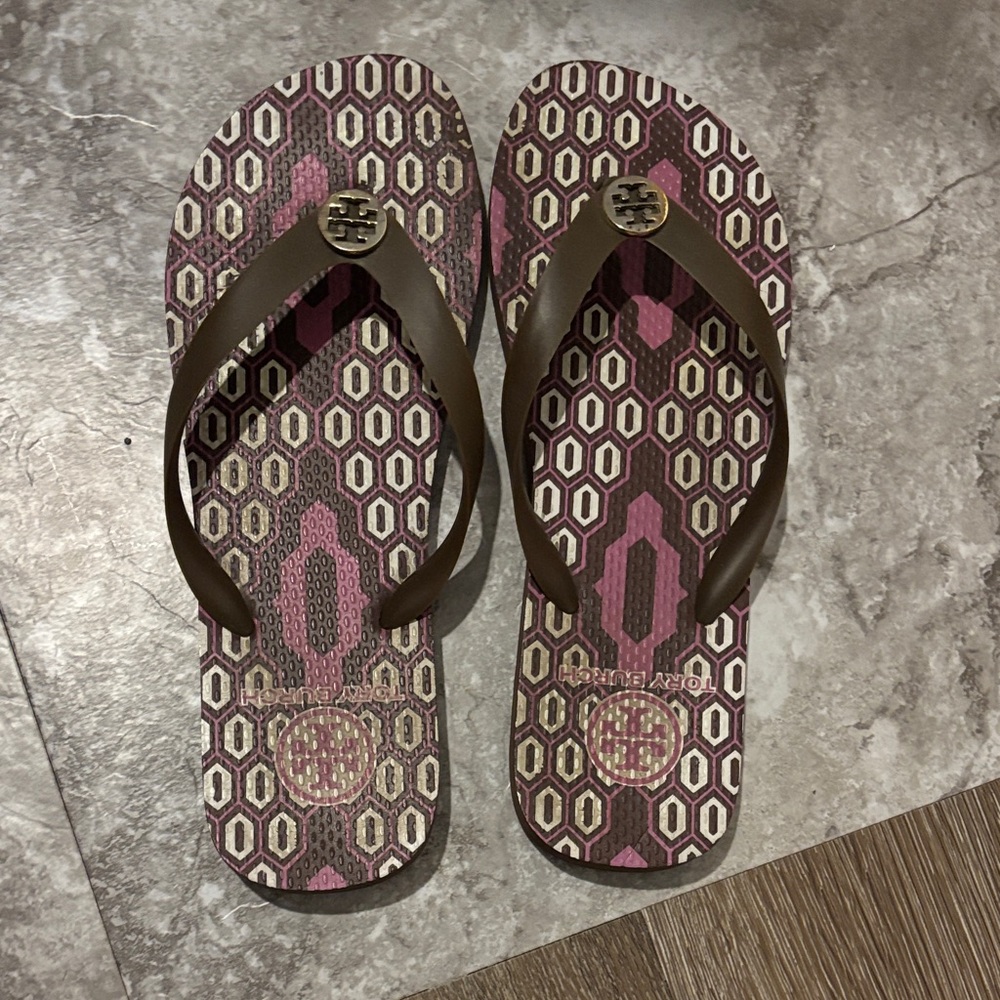 Tory Burch Brown and Pink Patterned Sandals